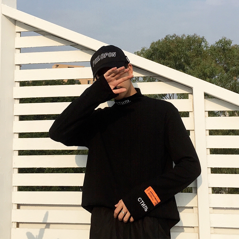 秋冬新款韩版套头高领打底衫男青年学生休闲黑色字母刺绣长袖T恤