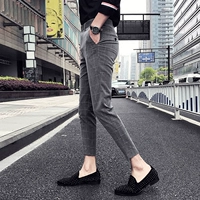 Quần kẻ sọc mùa hè Nam Hàn Quốc xu hướng quần ống rộng Quần lửng lưới màu đỏ với đoạn 89 điểm quần chín quần nam - Quần làm việc quan kaki