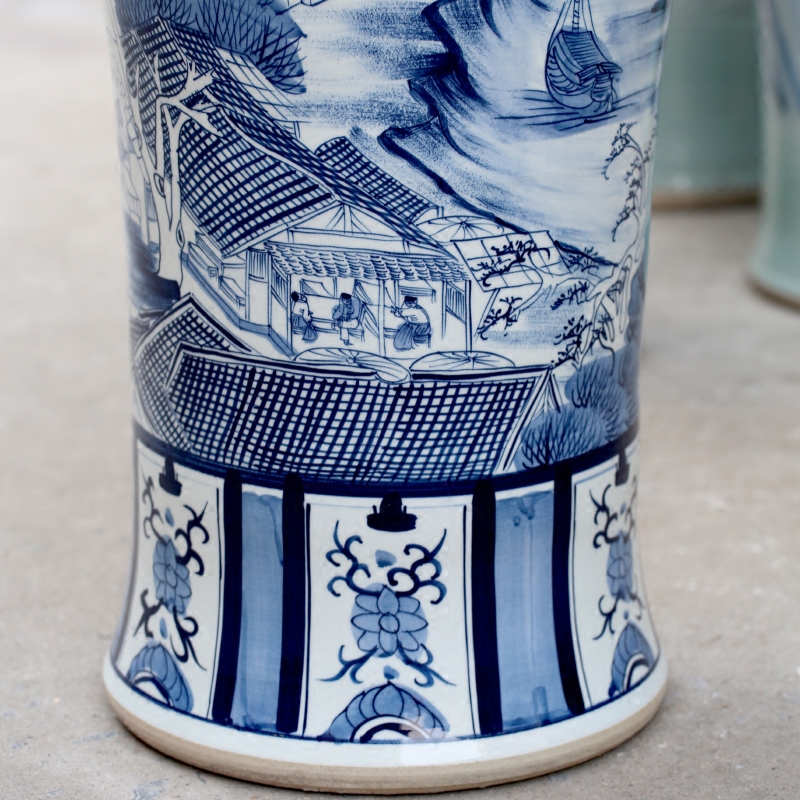 Blue and white porcelain of jingdezhen ceramic qingming scroll big vase home sitting room ground flower arranging furnishing articles adornment