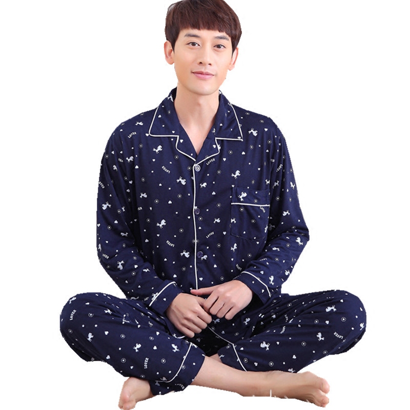 Mens đồ ngủ dài tay áo bông mùa xuân mùa thu cha trẻ trung niên mens cỡ lớn đồng phục nhà cardigan bộ mùa đông.