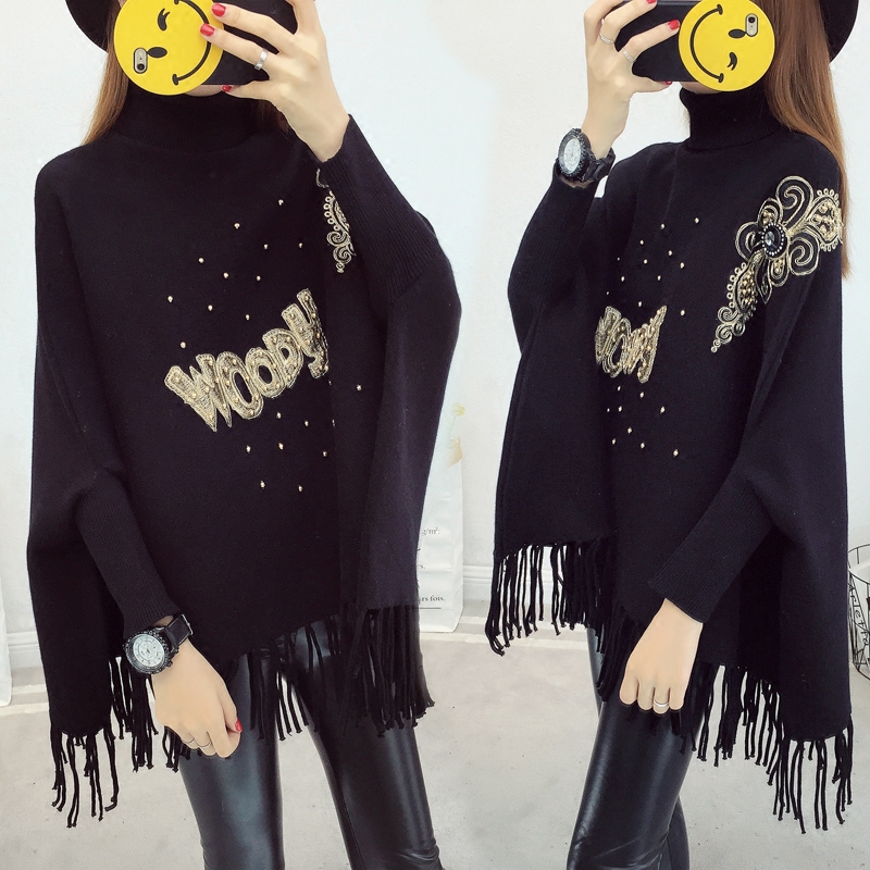 2021 Autumn Winter New Loose Bat Cuff Knitwear Hooded Cloak Style Shawl Jacket High Collar Embroidered Fluo Sweater Woman