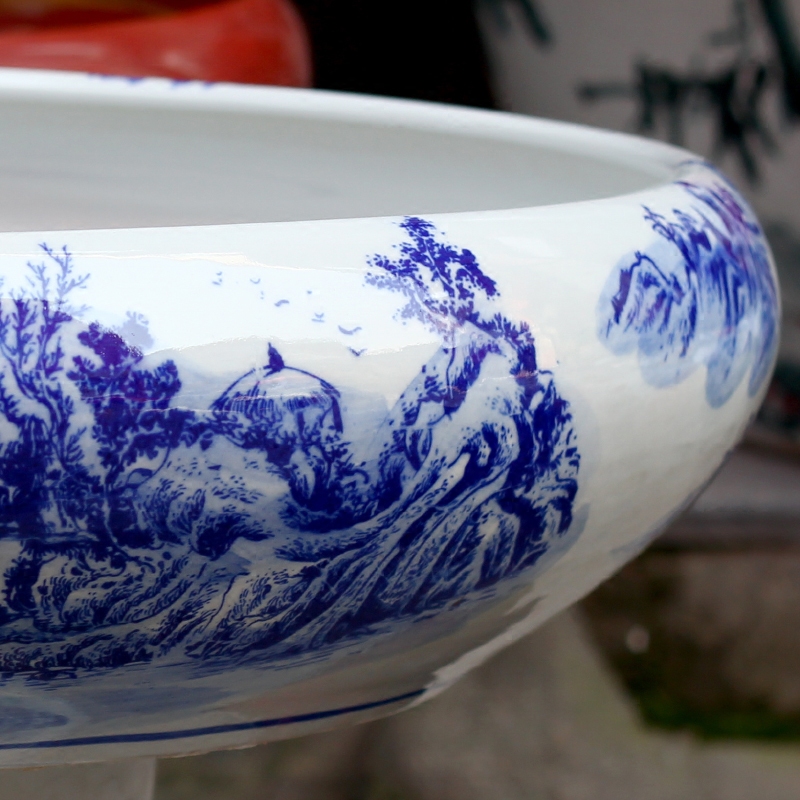 Jingdezhen ceramic water is shallow blue and white landscape goldfish bowl fish bowl the tortoise cylinder hydroponic home sitting room floor furnishing articles