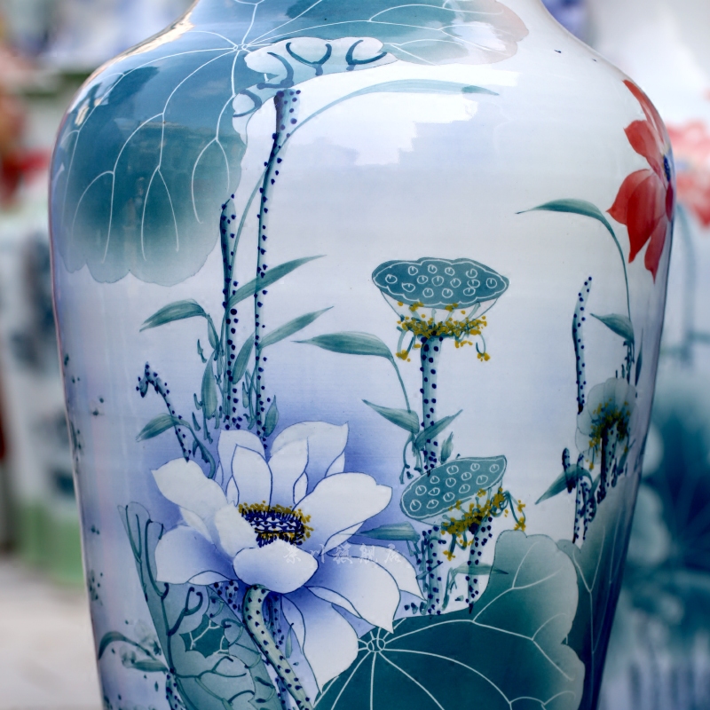Hand made green lotus lotus hotel porcelain of jingdezhen ceramic floor big vase sitting room adornment is placed