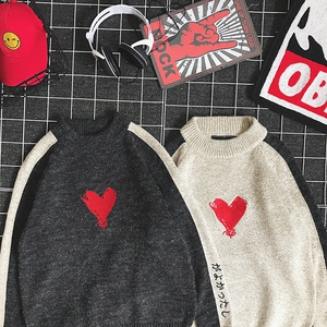 Shirashima languid style sweater retro Harajuku BF style loose Pullover love embroidery couple's men's and women's knitw