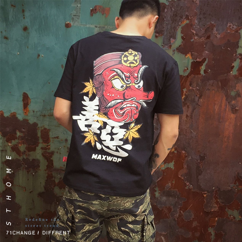 民族风 个性印花圆领善恶天狗般若夏透气刺绣休闲男T恤青少年短袖