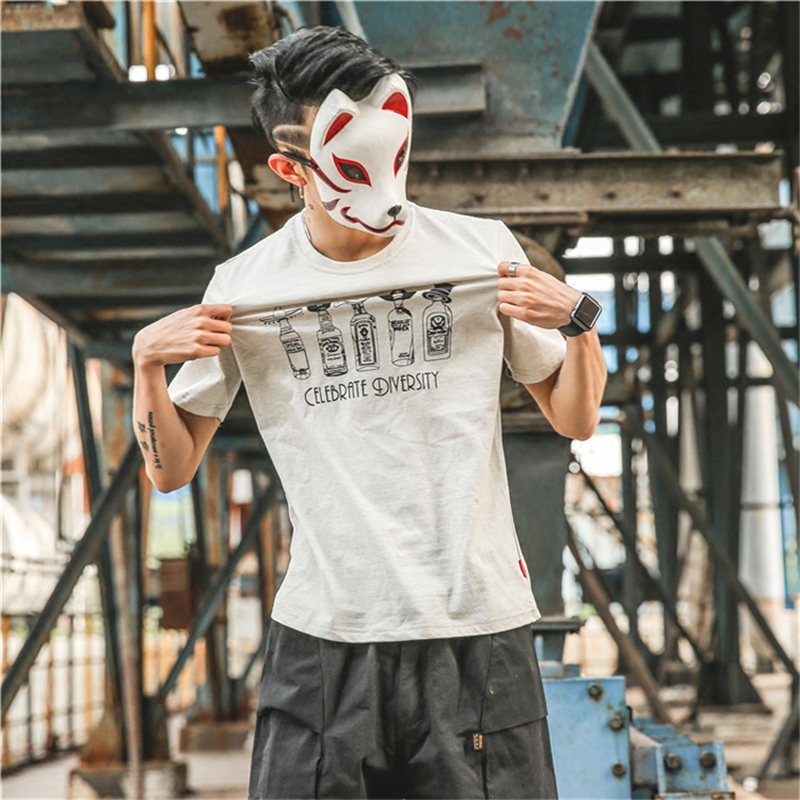 日系原创青少年舒适休闲啤酒瓶印花圆领短袖T恤男韩版显瘦棉上衣