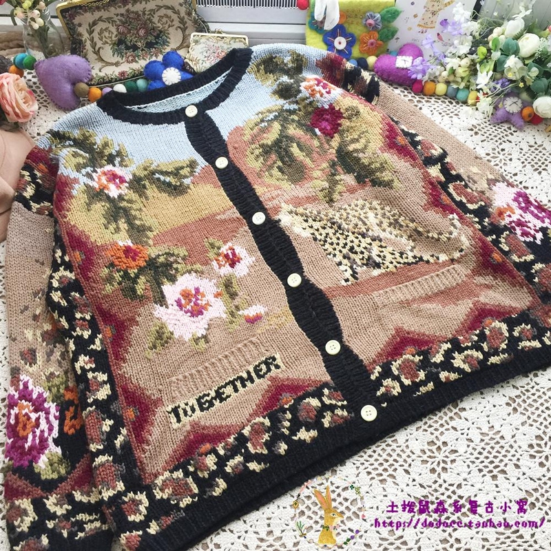 Store Highlight! Cheetah Flower Pyramid European and American Big Brand Handmade Sweater Knit Cardigan Vintage Unique 2019 Winter