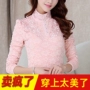Mùa thu đông ren áo sơ mi nữ áo thun cộng với nhung dày áo sơ mi ren dài tay Slim size nhỏ áo sơ mi thủy triều áo phông nữ rộng