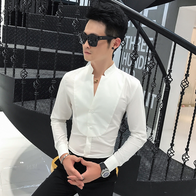 韩版v领套头衬衣男士发型师长袖修身秋季新款时尚潮流纯色衬衫潮