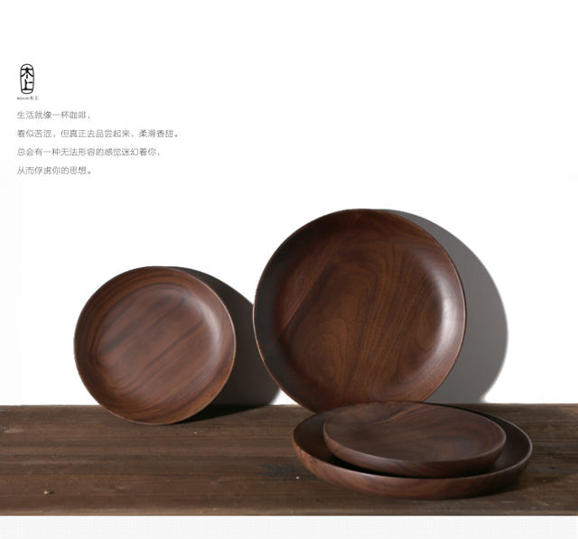 Sheri Black Walnut Round Dish Dish Nhật Bản Phong cách Tấm gỗ Snack Trái cây Ăn sáng Tấm gỗ Xuất khẩu Tấm 15 - Tấm