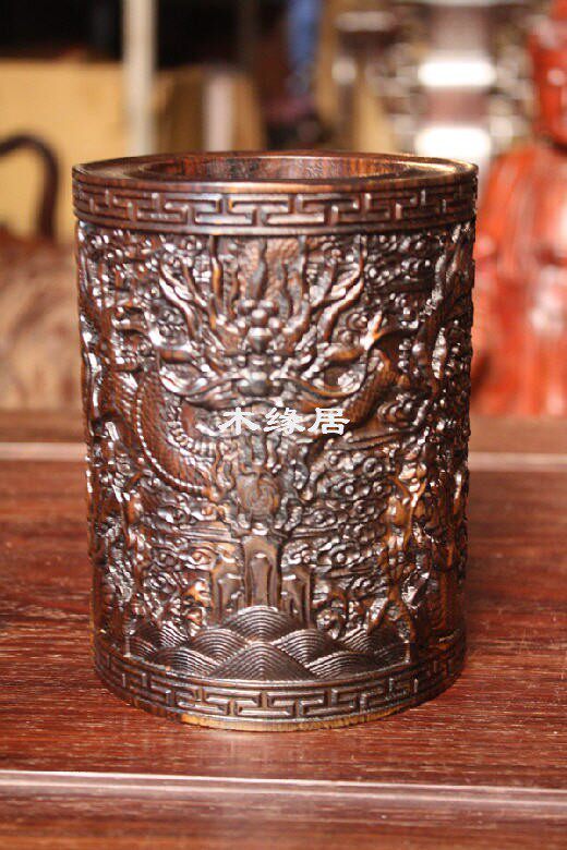 Vietnamese ebony wood royal sky five dragons carved craft gift pen holder