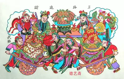 Wuqiang woodblock New Year pictures, painting heart, five roads, business opening, Hangling City, rich folk art boutiques
