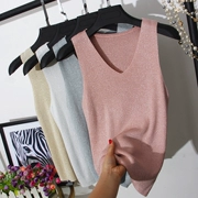 Mùa hè màu hồng V-cổ lụa sáng đan đan đáy áo ngắn đoạn ngắn Không tay ngoài mặc vest hàng đầu
