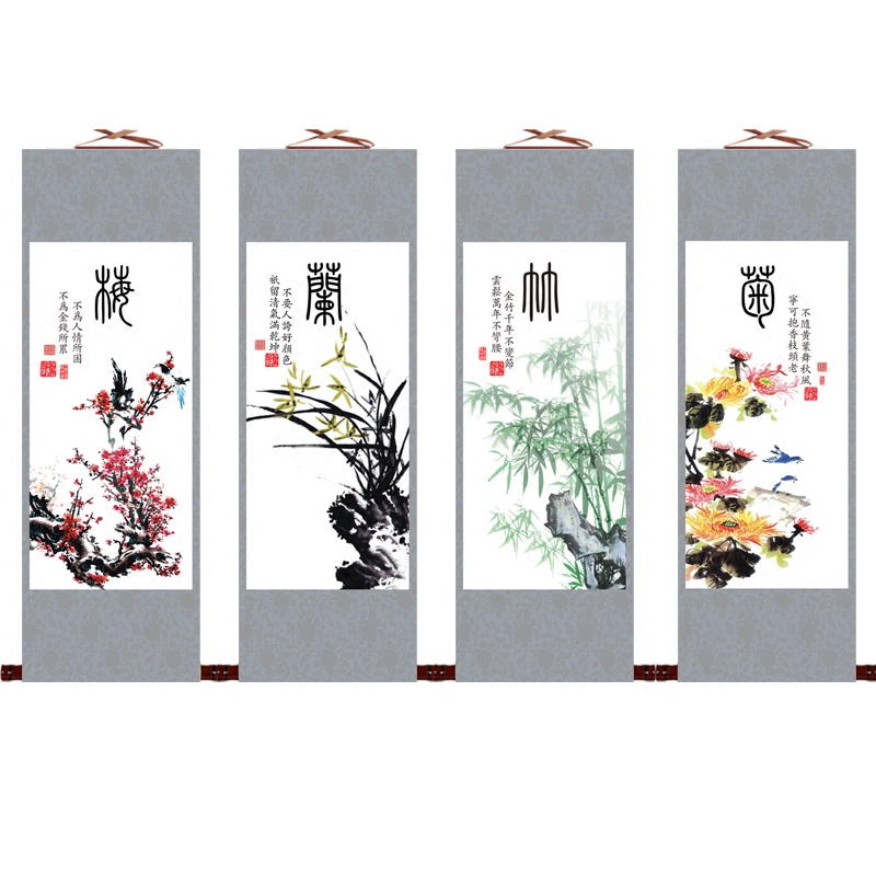 Four gentlemen decoration hanging painting Melanzhu State painting flowers and birds Living room sofa Four couplets Painted Canvas Strips of Silk Scrolls