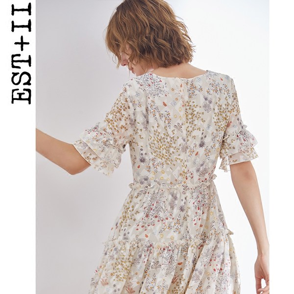 EST＋II 艺诗 18年春季新款 系带碎花短袖连衣裙 天猫优惠券折后￥219包邮（￥369-150）2色可选