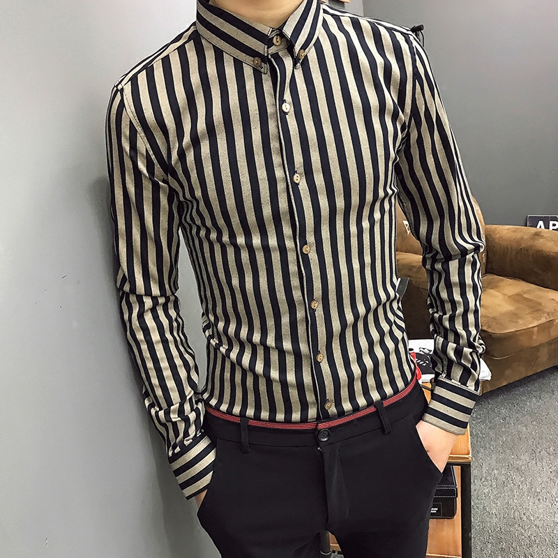秋季男士衬衫长袖条纹青年韩版修身休闲百搭免烫衬衣男发型师寸衫