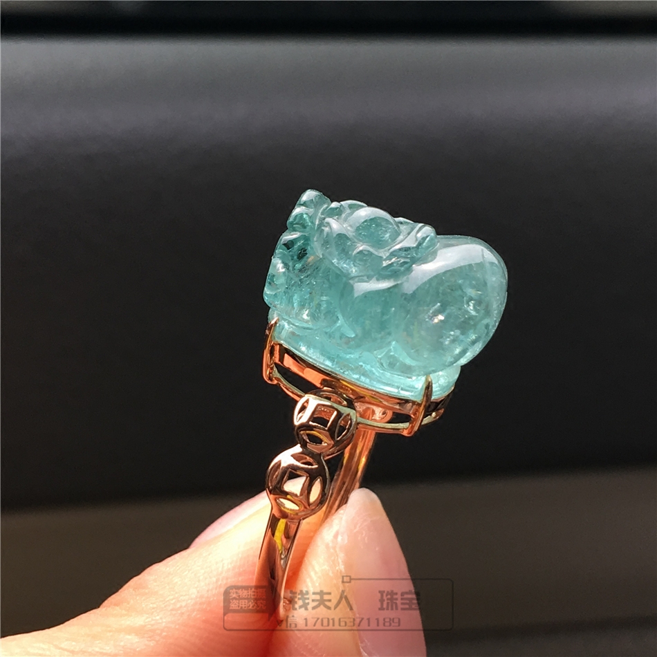 【现货】【招财旺夫宝石碧玺】天然帕拉伊巴色貔貅戒指 18k金镶钻