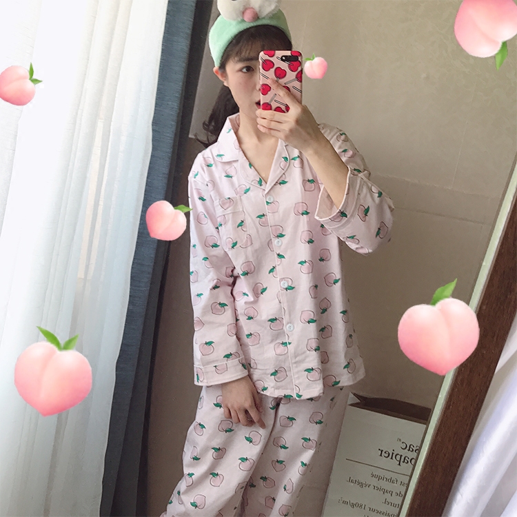 ins right and law two the same clothes peach pattern pajamas women's spring and winter cotton pink girl heart home service suit
