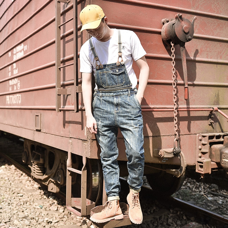 『素简』四季。连体吊带裤 日系男士工装背带裤 修身小脚牛仔男裤