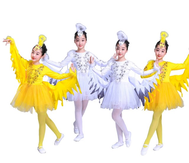 New children's bird performance costumes Xiaohe style bird bird bird with wings fluffy gauze skirt yellow and white bird costume