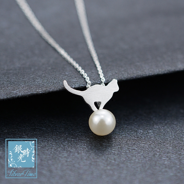Silver Time S925 Pure Silver Necklace Drawing Kitten Ball Seal Pearl Pearl Pearl Pearl Pearl Ring Woman