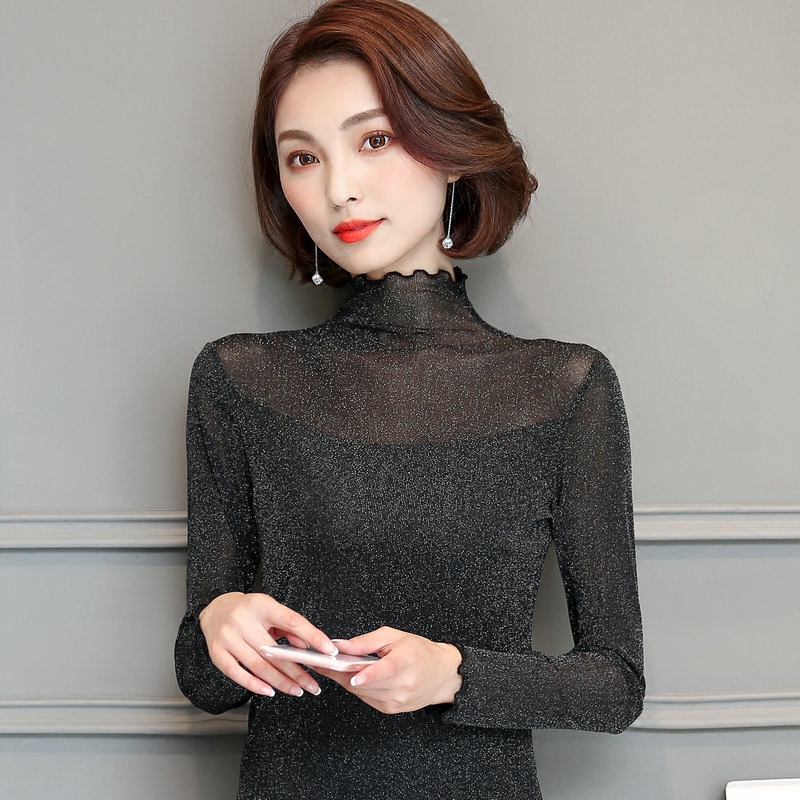 Ruffled Half-High Collar Mesh Base Shirt with Gold and Silver Thread, Plus-Size Women's Spring Long-Sleeve Korean-Style Lace Top, Trendy