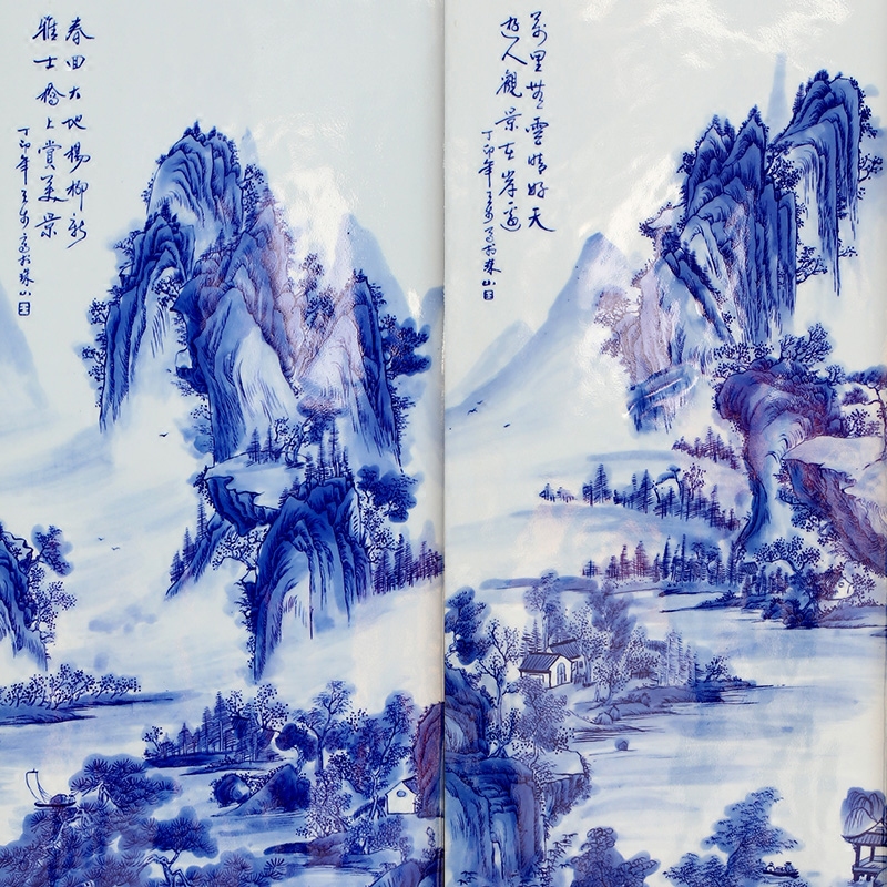 Landscape painting four screen painter jingdezhen blue and white porcelain plate in the sitting room adornment study sofa background wall hang a picture