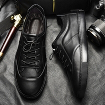 European station autumn youth black mens sneakers with toe layer cowhide small black shoes versatile Korean style sports and casual shoes for men