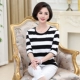 Mama Summer Tops Phụ nữ trung niên ngắn tay áo sọc đan áo thun trung niên lỏng lẻo cao tay áo thun