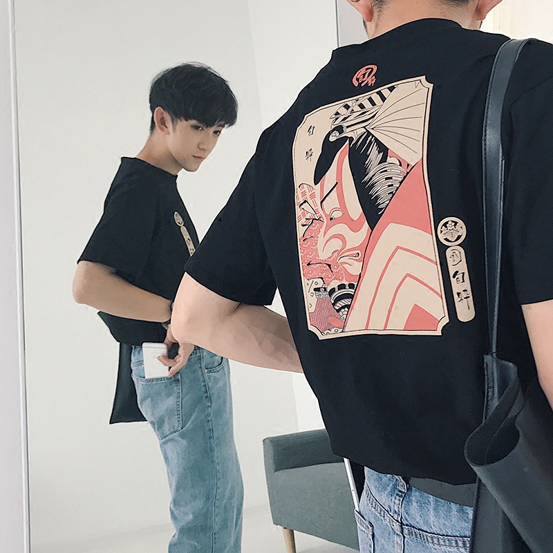 新款夏装日系男士短袖T恤韩版修身圆领打底衫落肩半袖复古潮tee