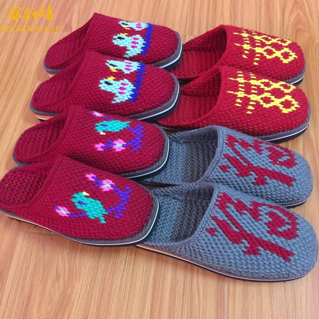 Winter purely hand-knitted women's home wedding and festive slippers finished warm non-slip adult woolen slippers