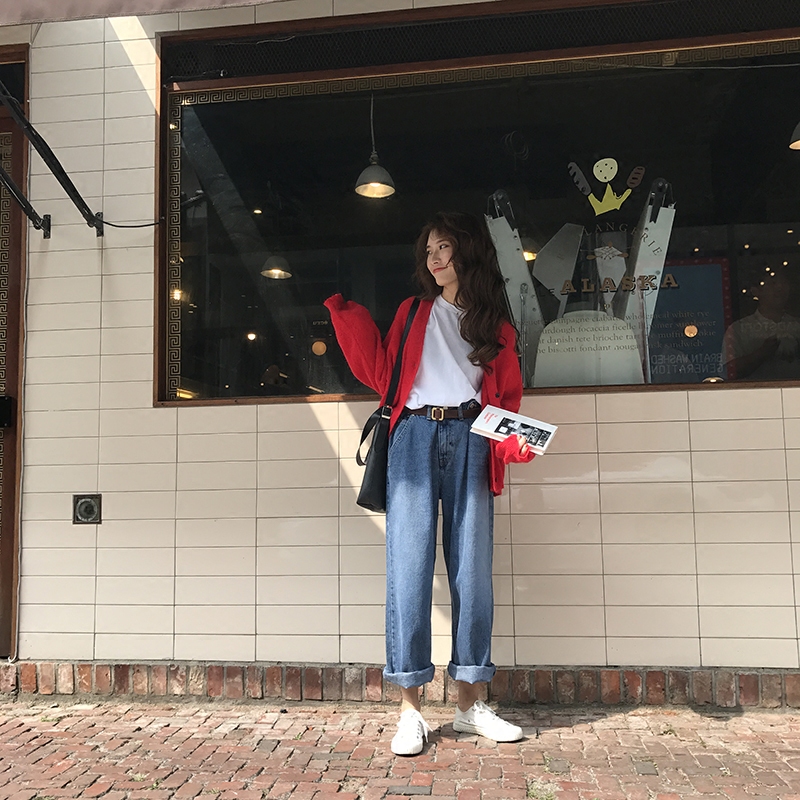 [ELINASEA]小海自制 水洗磨白口袋拉链纽扣可调宽松阔腿牛仔裤女