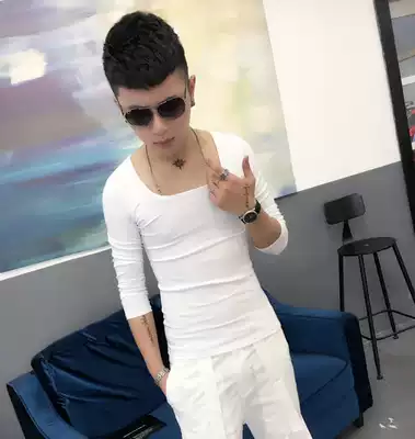 Low-collar youth fashion solid color T-shirt Korean version of slim fitting men's big round collar clothes Tide tight inside