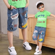 Quần short bé trai quần mùa hè mới 2019 bé trai lỗ quần jeans ống rộng quần ống rộng - Quần jean