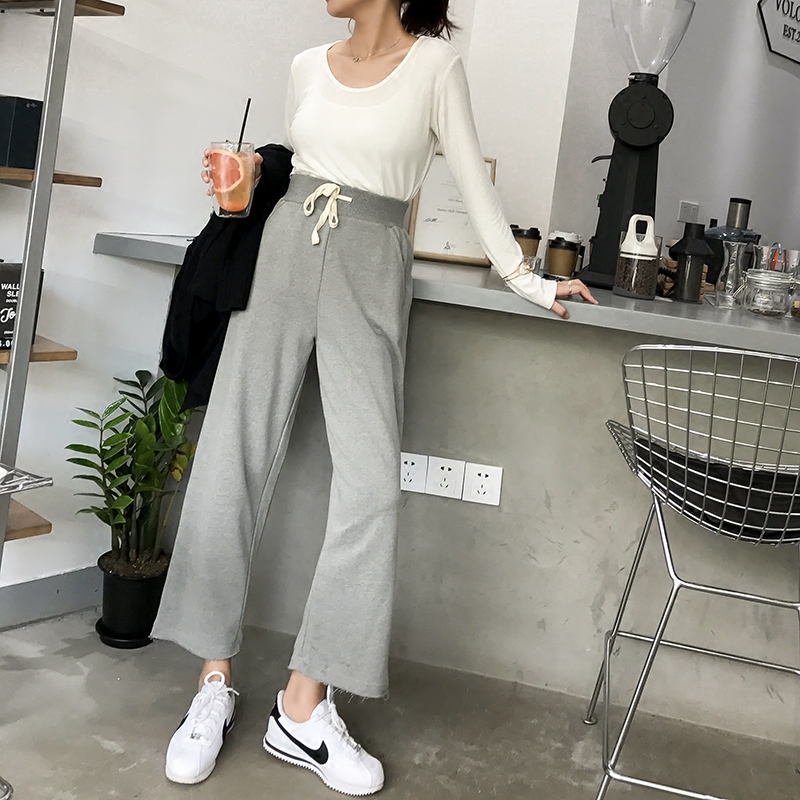 Ekool高腰系带运动休闲裤宽松显瘦直筒裤纯色针织跑步裤大码卫裤E