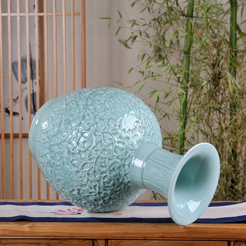 Jingdezhen ceramic floor big vase furnishing articles shadow carving celadon flower arranging device home sitting room hotel decoration process