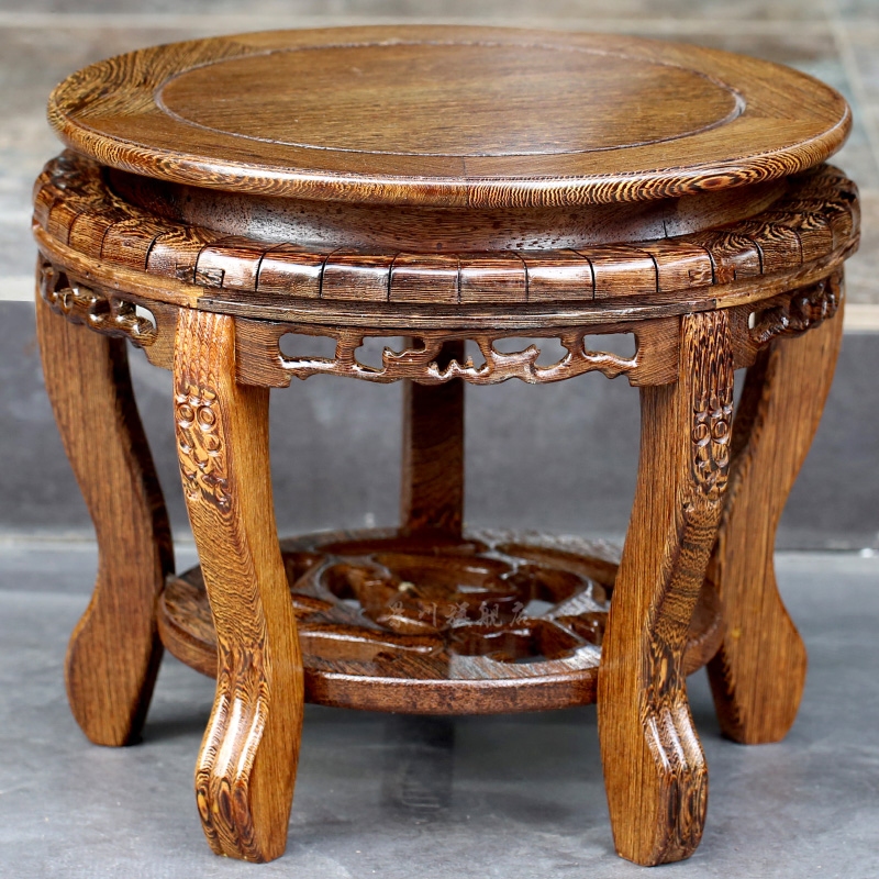 Round ceramic vases, solid wood frame feel base stone pot base wooden flower pot fish tank of Buddha