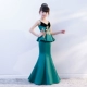 Đầm ren xanh mới thời trang giả hai cô gái Kiểu dáng đuôi cá thon dài catwalk dạ hội 2018 quần áo trẻ con Váy trẻ em