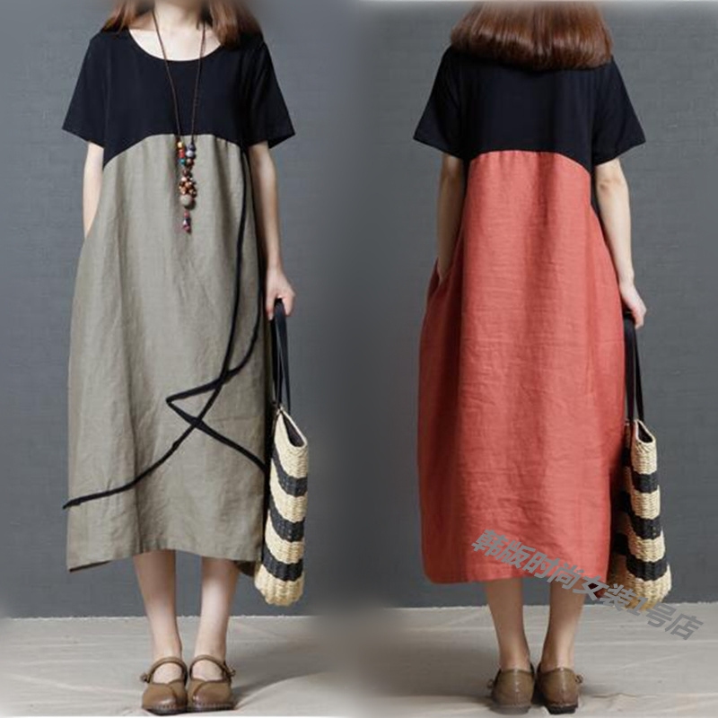 2017夏装新款韩版宽松大码女装时尚棉麻风撞色拼接短袖连衣裙胖MM
