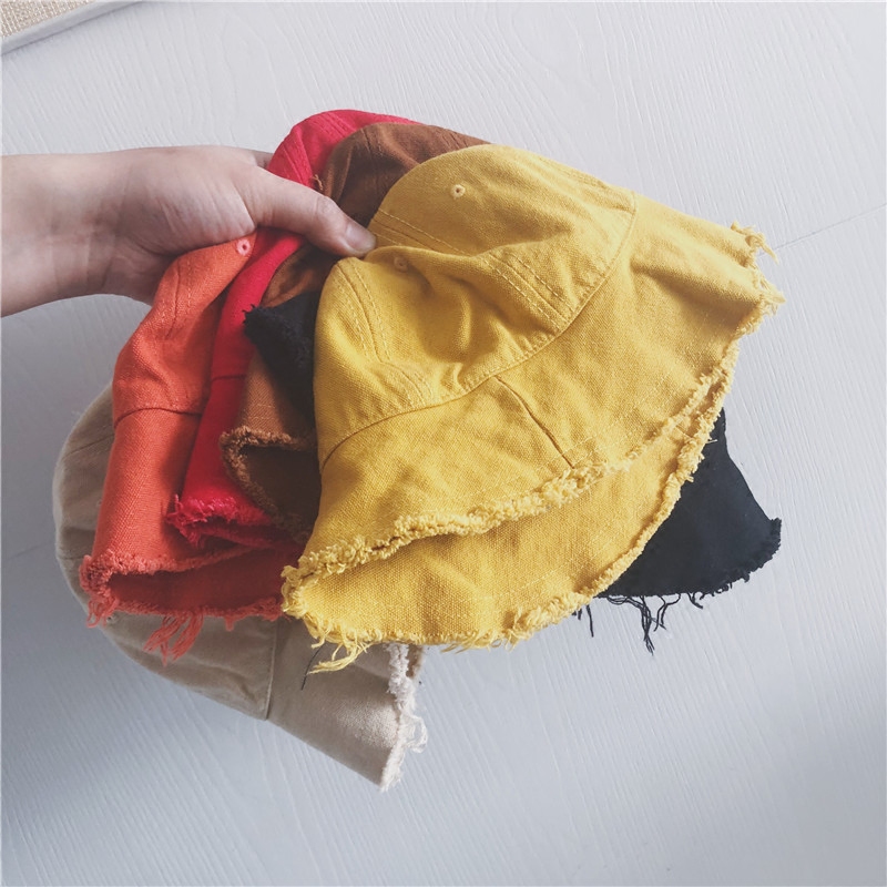 22 Spring and autumn new children's hat male and female baby cloth art wool side fisherman hat basin cap in children's pure color protective ear sunhat