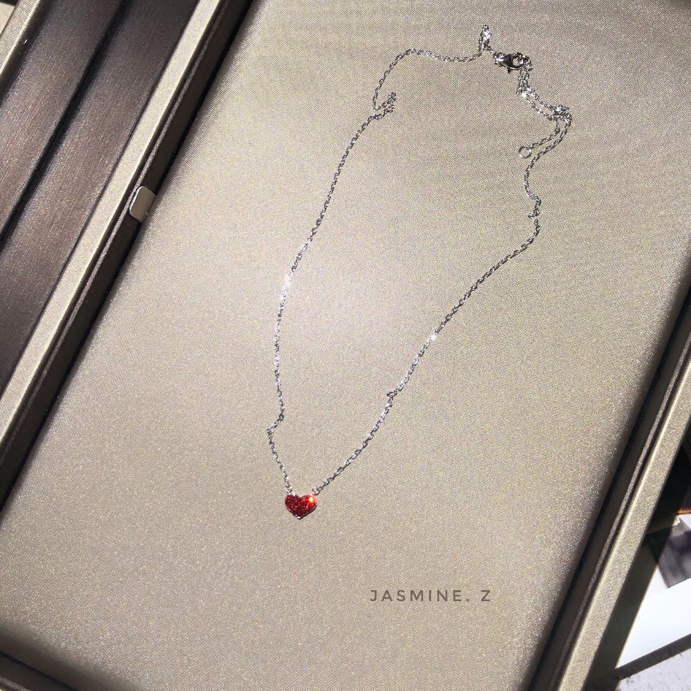 JASMINE925 Silver Japanese edition SMALL RED HEART FULL DIAMOND necklace SUPER flash CUTE love clavicle chain adjustable