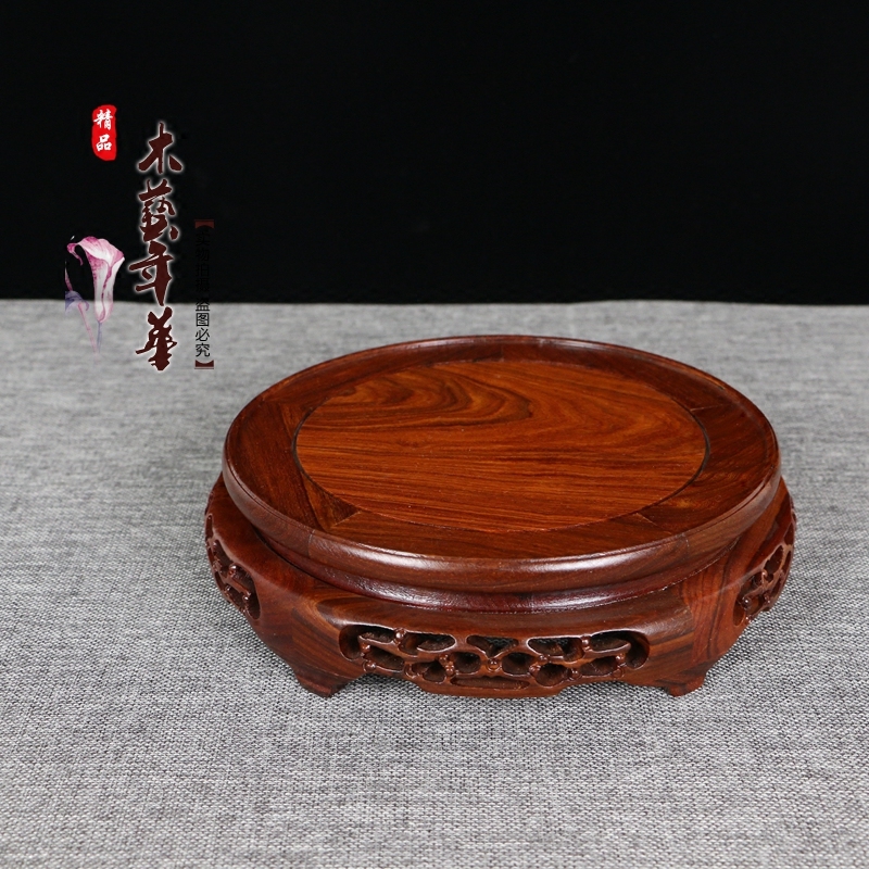 Mahogany crafts red sandalwood round hollow carved fish tank vase base bonsai stone base solid wood