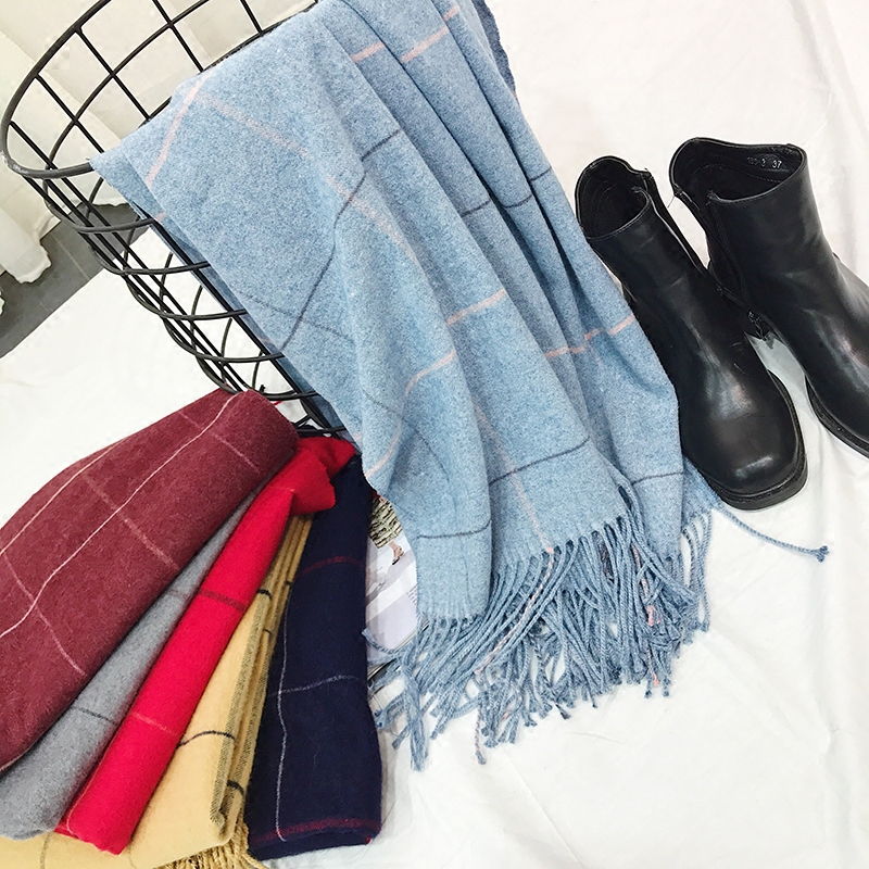 Ekool仿羊绒围巾女秋百搭格子披肩两用保暖流苏围脖加厚双面围巾