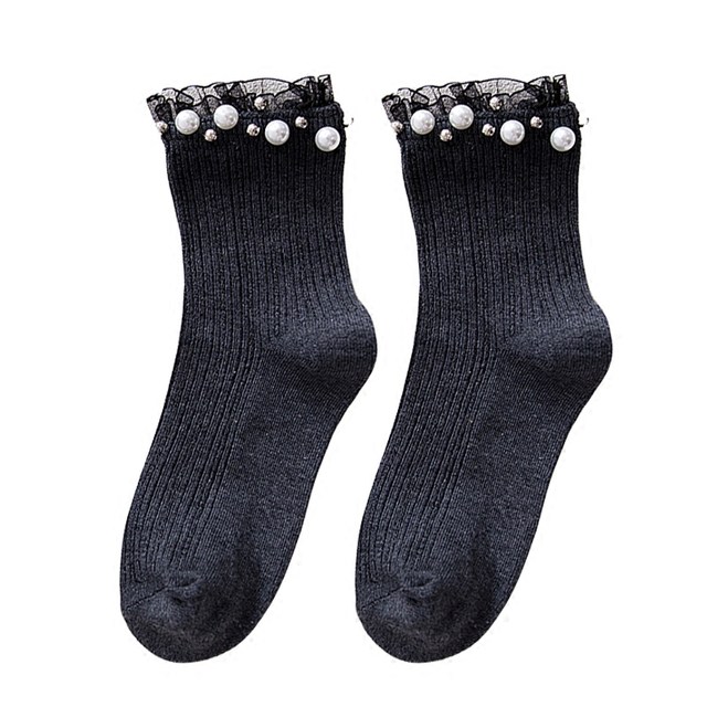 Tassel socks women's Korean version of the middle tube Japanese lace lace pearl socks women's rhinestone rivets pure cotton pile socks spring