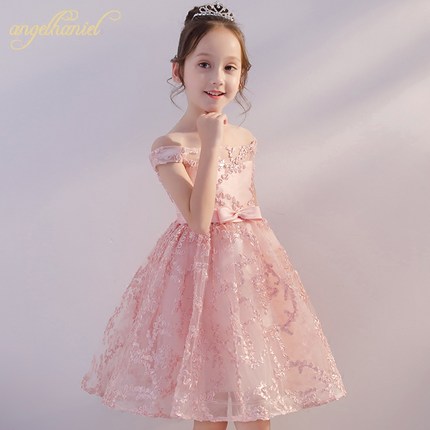 女童一字肩礼服儿童晚礼服花童公主裙高档婚纱