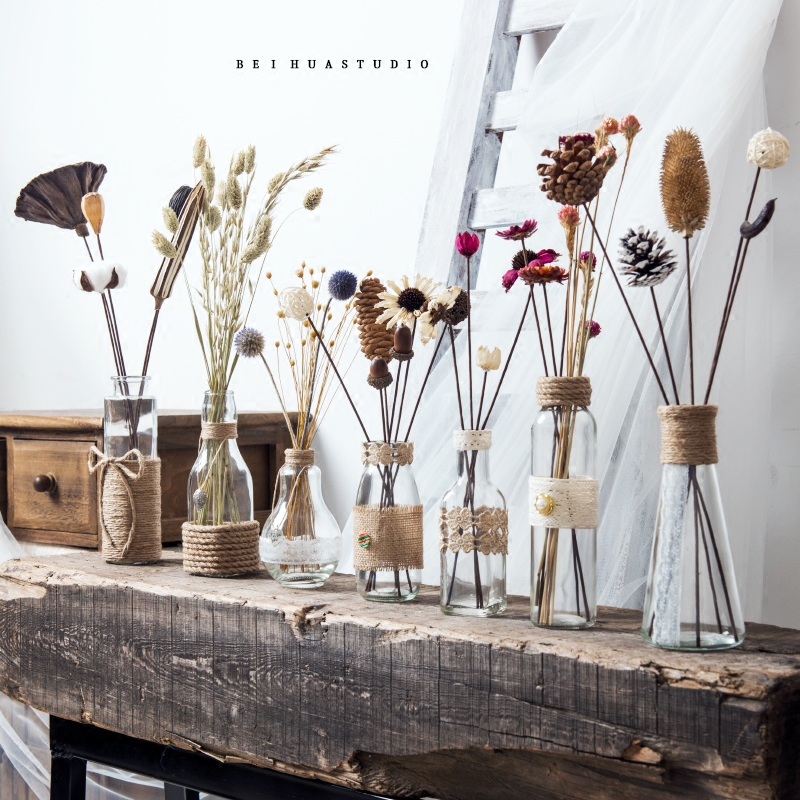 (North Flower Xishe)Handmade vase transparent dried flower bouquet Home decoration ins Nordic air dried flower set