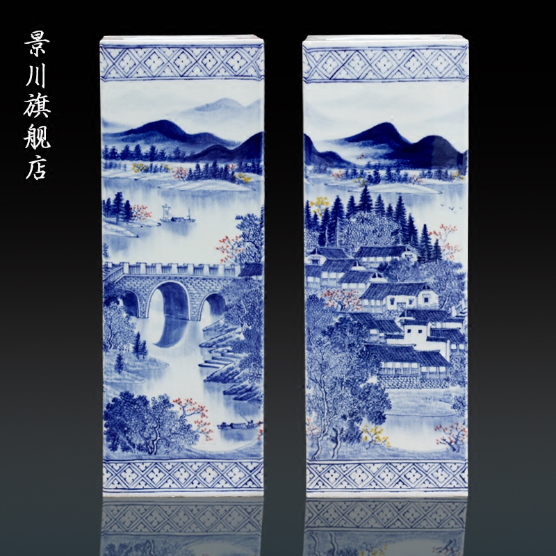 Hand - made lake spring scenery square bottle of blue and white porcelain of jingdezhen ceramic home sitting room of Chinese style furnishing articles study adornment