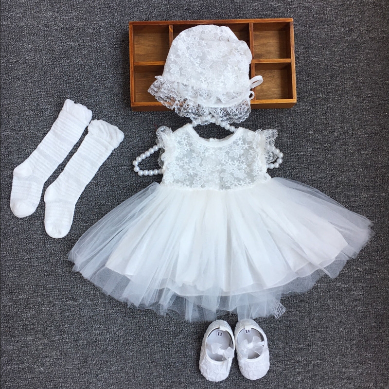 Summer baby dress white woman baby full moon 100 days fluffy dress 2 white yarn dress thin 3 months -1 years old