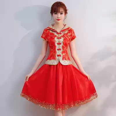 Toast service bride dress Chinese wedding dress 2021 summer new bride cheongsam Dragon Phoenix hanging short large size thin