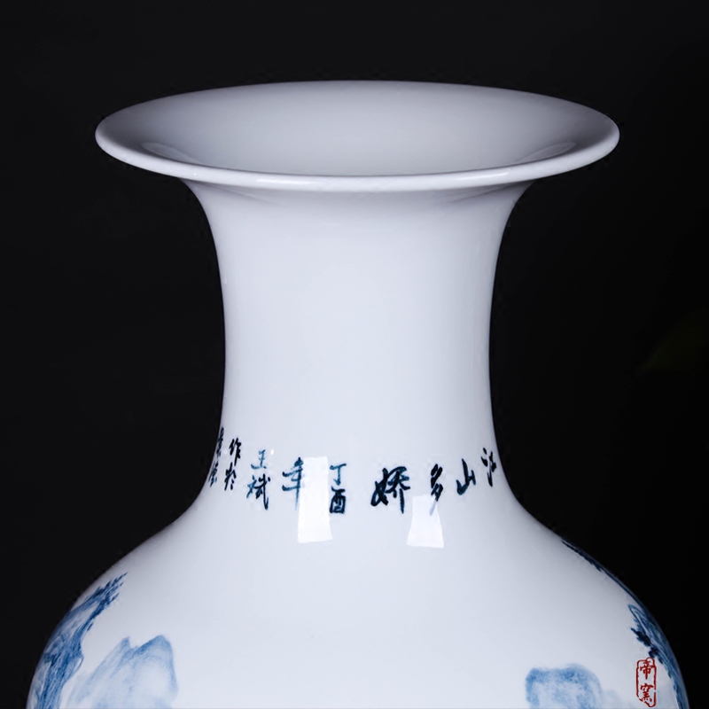 Jingdezhen ceramic hand - made under high temperature and glaze color blue and white landscape sitting room big furnishing articles household geomantic ground vase